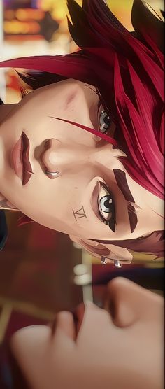 a close up of a person with red hair and an anime avatar in the background