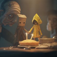 two small figurines are holding hands over a cake with candles on it, while an older man looks at them