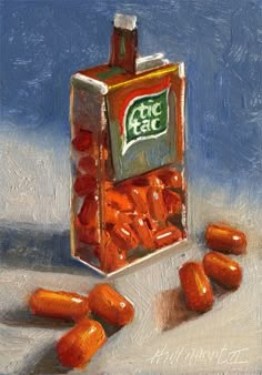 an oil painting of some food in a box