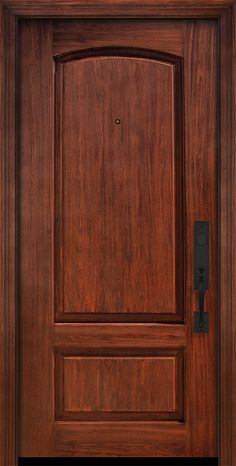 a close up of a wooden door with a black handle on the front and side