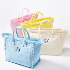 Bold, bright and generously sized, this beach-ready canvas bag has smart details like zipper closure, fringed edging, soft lining, two interior pockets and colors that spark joy. Made by Monogram Mary, from durable canvas, the two-toned embroidered monogram adds a personal touch.  17" w x 10.5" d x 8.5" h  Handle drop: 5"  Three interior pockets. Double open: 9" w x 5" h; Zipper: 7" w x 5.5" h  Canvas.  Spot clean.  Imported.  Monogramming is embroidered   Ships directly from the designer. Ships Bachelorette Goodies Bags, Bacherlotte Gifts From Bride, Bachelorette Gift Bags For Bridesmaids, Wedding Day Bridesmaid Gifts From Bride, Unique Bachelorette Gifts, Bid Day Bags, Bachelorette Gift Bag Ideas, Grad Gifts For Best Friends, Preppy Travel Bags