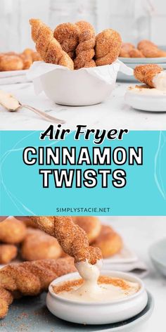 an air fryer cinnamon twists is being dipped with icing and sprinkles