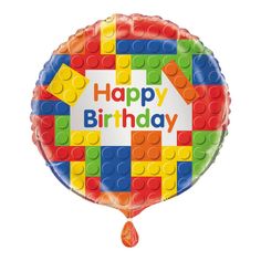 a balloon with the words happy birthday written in lego blocks on it's side