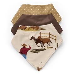 three bandanas with horses on them in front of a white background and brown polka dots