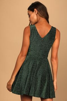 Lulus Exclusive! Show up in spectacular style with the Lulus Best Date Ever Green Metallic Skater Mini Dress! Stretchy knit, with metallic green lurex threading throughout, shapes this eye-catching dress that has wide straps, a scoop neckline, and a darted bodice. A high waist tops a dancefloor-ready skater mini skirt. Hidden back zipper. Fit: This garment fits true to size. Length: Mid-thigh. Bust: Great for any cup size. Waist: Fitted - stretchy fabric allows custom fit. Hip: Not Fitted - room Halter Dress Casual, Green Halter Dress, Skater Mini Dress, Mini Skater Dress, Metallic Dress, Sequin Mini Dress, Sleeveless Mini Dress, Threading, Large Size Dresses