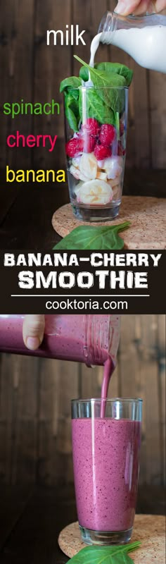 the smoothie is being made with bananas, raspberry and spinach in a blender