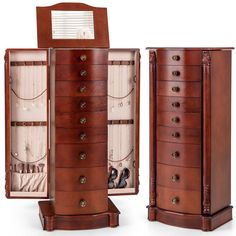 an open wooden jewelry box with shoes in it's drawers and the lid opened