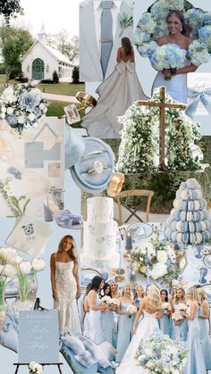 a collage of blue and white wedding colors with bridesmaid in the background