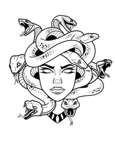 a black and white drawing of a woman with snakes on her head