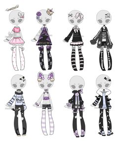 an assortment of cartoon dolls with different outfits and hair styles, all dressed in black and white