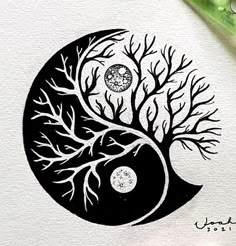 a drawing of a tree in the shape of a yin - yang