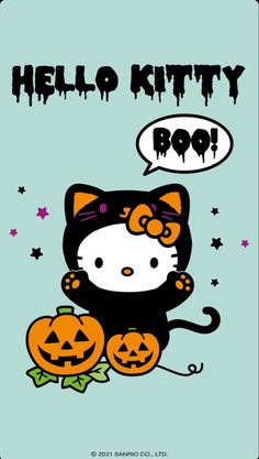 a hello kitty halloween card with pumpkins and a speech bubble saying hello kitty boo