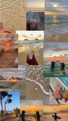 a collage of photos with people on the beach at sunset and in the water