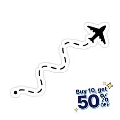 an airplane flying over the top of a white wall with 50 % off stickers on it