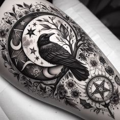 a black bird sitting on top of a crescent with stars and moon phases around it