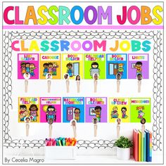 classroom jobs bulletin board with children's pictures on it and pencils in front