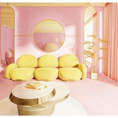 a living room with pink walls and yellow furniture in the center, as well as a circular mirror on the wall