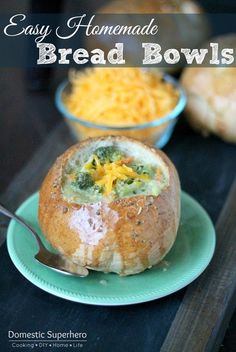 an easy homemade bread bowl recipe with broccoli and cheese