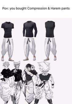 three different views of the same outfit for each character in dragon ball zoroa