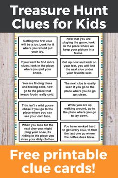 the free printable treasure hunt clues for kids to use in their homeschool