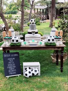 a table topped with lots of cakes and soccer balls on top of green grass next to trees