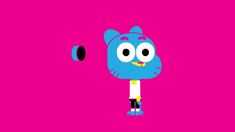 an animated blue cat standing in front of a pink background