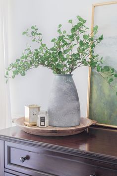 a potted plant sitting on top of a wooden dresser next to a painting and clock