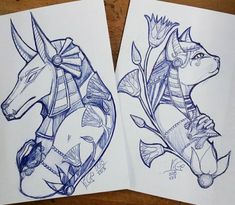 two drawings of horses with different designs on them