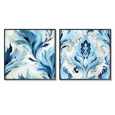 two paintings with blue and white designs on them