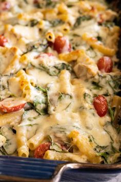 a casserole dish filled with pasta and vegetables