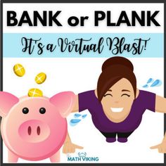 a pink pig and a woman with text bank or plank it's a virtual blast