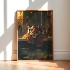 a tiger sitting on top of a wooden floor next to a window with sunlight streaming through it