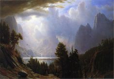 a painting of mountains with trees and water