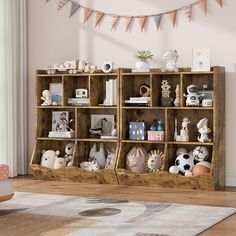 a wooden shelf filled with lots of stuffed animals