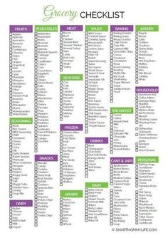 a printable grocery checklist is shown in purple and green