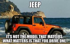 an orange jeep driving on the beach with caption saying it's not the model that matters