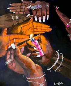 an oil painting of hands holding a lit candle and bracelets with other hand on it