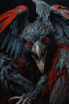 a painting of a bird with red eyes