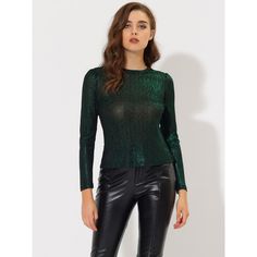 The metallic fabric adds multi-shine to this comfy and casual puff-sleeve top. Patterned in metallic, this round-neck shirt is suitable for a night out, club, and parties. Wear it with wide-leg trousers or style it with leather leggings and heels for the evening. It's designed with a round neck and puff sleeves and it has textured fabric that sets it apart from a more simplistic style. Shiny Top For Night Out In Fall, Shiny Tops For Night Out In Fall, Metallic Sheen Party Tops, Metallic Tops For Party Season, Shiny Stretch Top For Party, Glamorous Shiny Top For Fall, Evening Stretch Glitter Tops, Fall Party Tops With Sheen, Sheen Tops For Party In Fall