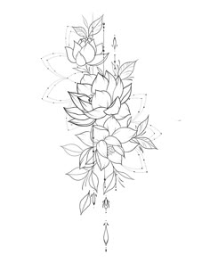 a black and white drawing of flowers with leaves on it's stems, hanging from the ceiling