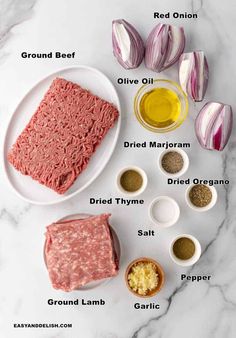 ingredients to make ground beef on a white marble counter top with text overlay that says ground beef