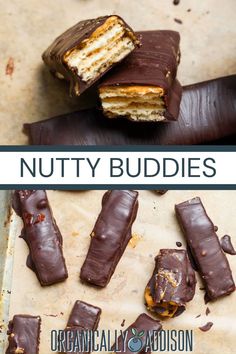 chocolate covered nutty buddies on a baking sheet with the title overlay above it