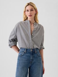 Relaxed Shirt | Gap Charvet Shirt, Relaxed Dress, Shirt Dress Outfit, Shirt Outfits, Band Collar, All About Fashion, Shirt Outfit, Dress Shirt, Gap