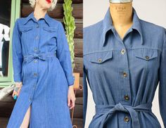 "1970s Wrangler Denim Dress Bohemian Button Down Long Sleeve Dress Blue cotton denim with brass button closures. Deadstock, never worn! Marked as size Medium. Measurements shoulders: 14\" chest: 35\" waist: 30\" sleeve: 23\" length: 42\"" Metal T Shirts, Boy London, Bohemian Dress, Dress Clothes For Women, Denim Dress, Black Shirt, 1970s, Blue Dresses, Dress Outfits