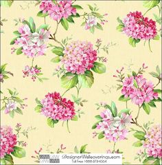 a floral wallpaper with pink flowers and green leaves