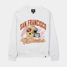 the san francisco sweatshirt in white with an image of a football helmet and numbers on it