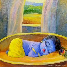 a painting of a baby laying on top of a yellow blanket in front of a window