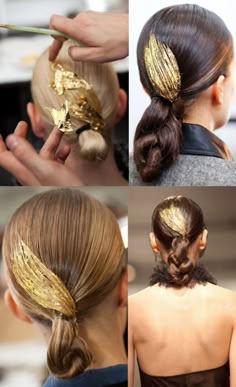 10 Radiant Gold Leaf Makeovers.  Temporary Gold Leaf Hairstyle    I think this gold leaf hair is beautiful for special occasions. A little extra effort really makes the difference when it comes to special events - weddings, soirees, even prom!  Learn more at I Found my Soulmate. Catwalk Hair, Gold Leaf Hair, Sanggul Modern, Runway Hair, Editorial Hair, Pinterest Hair, Golden Hair, Glitter Hair, Jason Wu