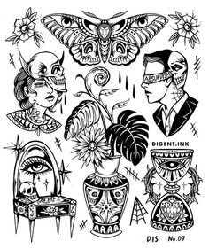 an ink drawing of some people with different faces and flowers in vases on their heads