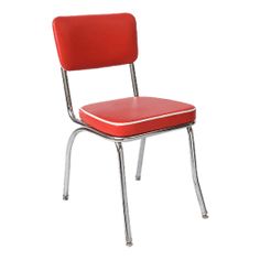 a red chair sitting on top of a white floor